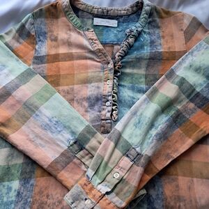 Isabella Sinclair Anthropologie Women's Ruffled Tonal Plaid Henley Medium